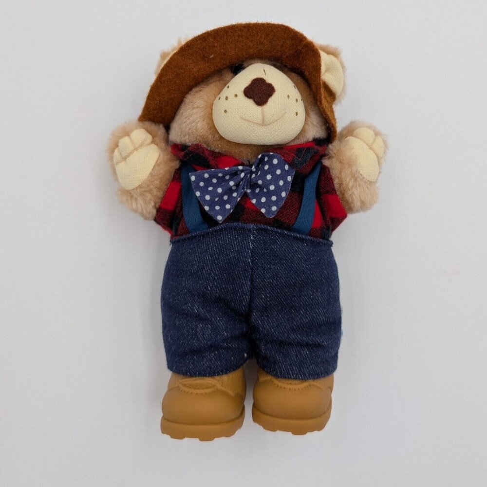 Furskins Vintage 1980s Teddy Bear 7in Tall Hat Flannel Bow Tie